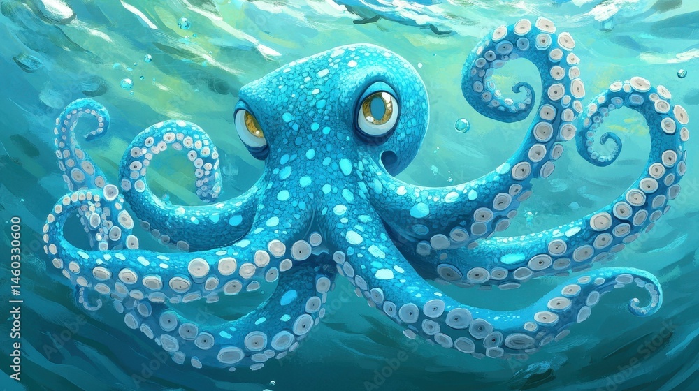 Fototapeta premium Discover the intricate texture of a blue octopus in a vibrant underwater scene, showcasing its unique design and colors.