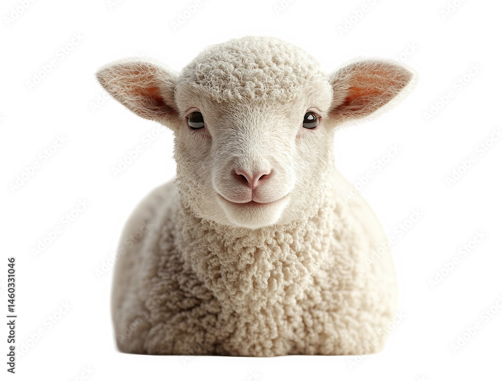 Fototapeta premium Adorable fluffy lamb portrait looking at camera with cute curious expression