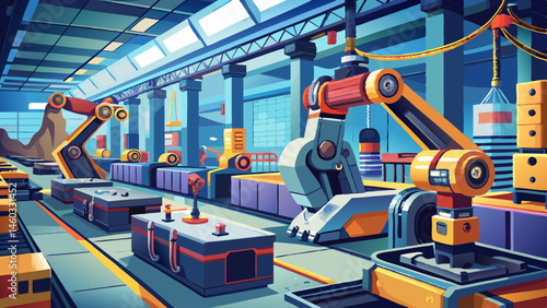 An advanced manufacturing facility with robotic arms working on modular units, showcasing automation and precision in a modern, clean and well-lit industrial environment for efficient