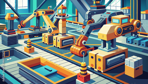 An advanced manufacturing facility with robotic arms working on modular units, showcasing automation and precision in a modern, clean and well-lit industrial environment for efficient