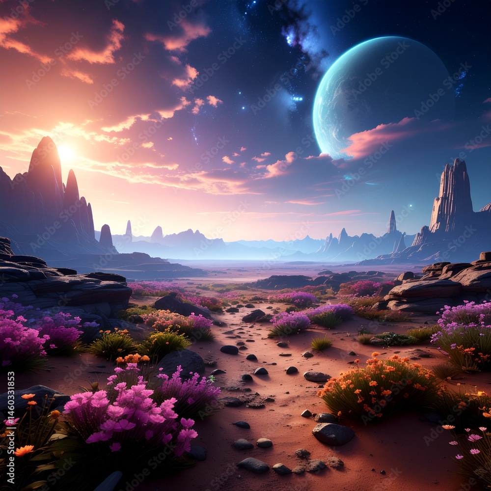 view of a distant alien planet landscape