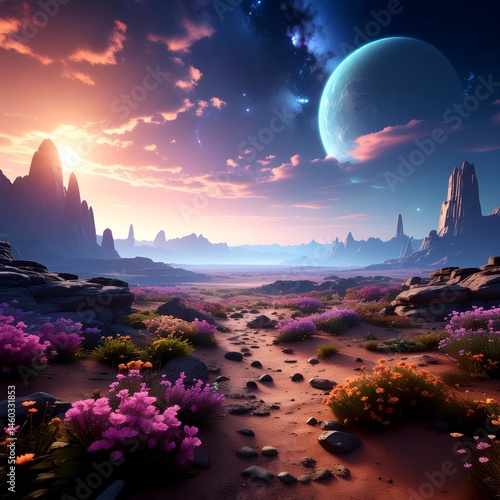 Obraz na płótnie view of a distant alien planet landscape w salonie