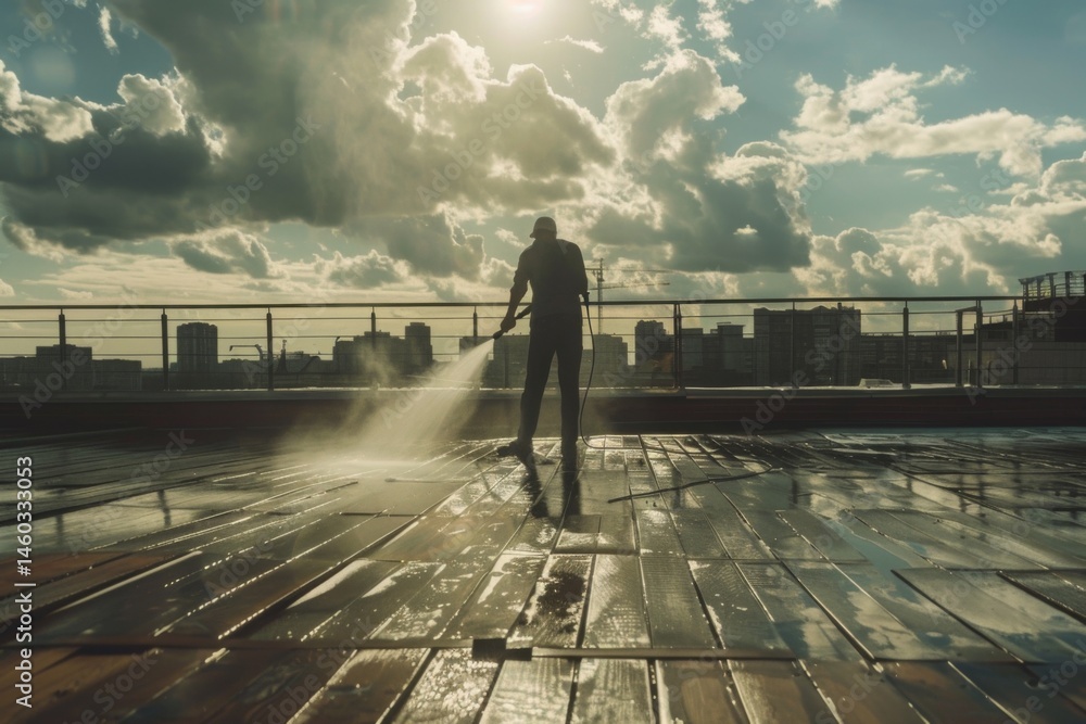 view from floor of man cleaning wooden terrace floor with high pressure washer view from floor of man cleaning wooden terrace floor with high pressure washer