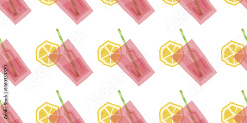 Seamless Lemonade Drink Pattern. Pattern includes repeating flat-style glasses of pink lemonade with straws and lemon slices. Elements are arranged on a white background.