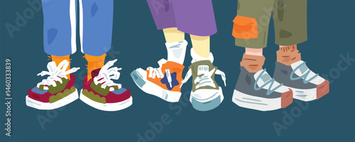 Colorful Chunky Sneakers Illustration. Illustration shows three characters wearing colorful chunky sneakers with unique designs and socks, cropped pants, and bold streetwear style.