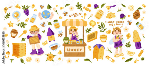 Colorful cartoon vector set on beekeeping theme, including beekeeper in protective suit, honey seller at market stall, girl in bee costume and beekeeping accessories.
