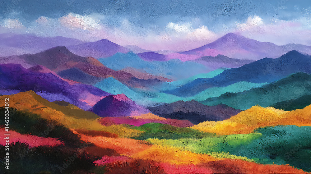 A colorful painting of a landscape with mountains and hills, ai A colorful painting of a landscape with mountains and hills, ai