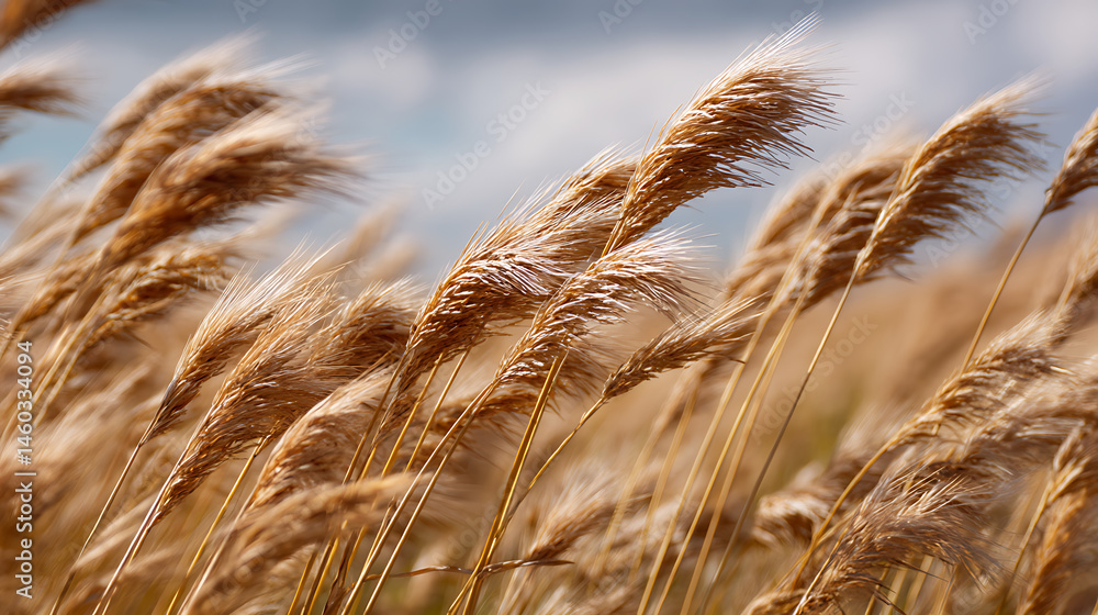 Fototapeta premium A field of golden wheat, rice swaying gently in the breeze