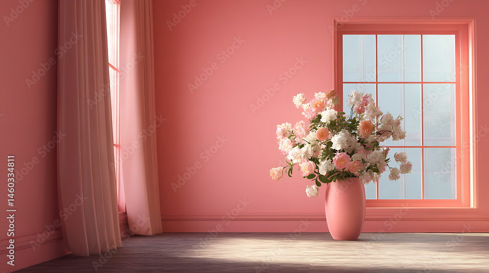 Fototapeta premium A pink room with a vase of flowers in front of a window