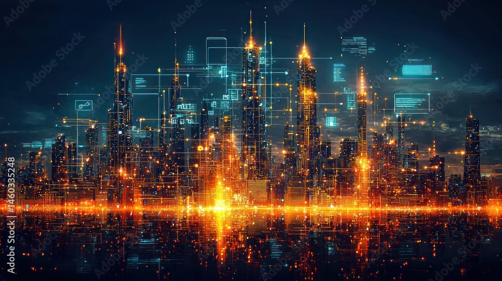Fototapeta premium Futuristic Cityscape: Digital Metropolis at Night