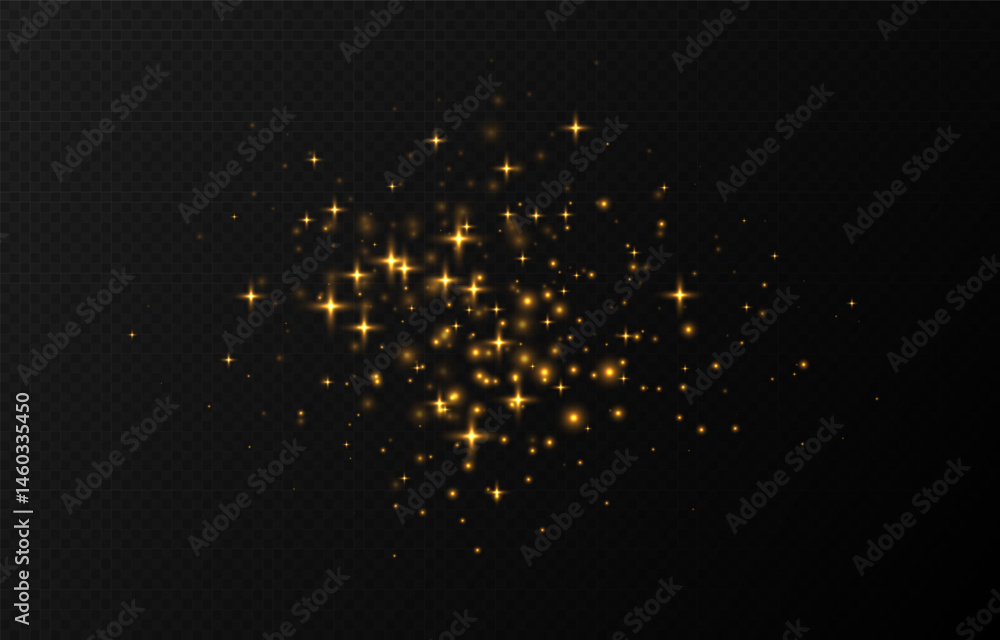 Golden sparkling stars, shiny particles light effect, transparent flying stardust texture, abstract twinkle Christmas decoration. Vector illustration.