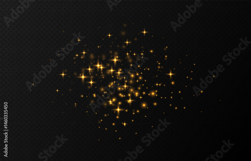 Obraz na płótnie Golden sparkling stars, shiny particles light effect, transparent flying stardust texture, abstract twinkle Christmas decoration. Vector illustration. w salonie