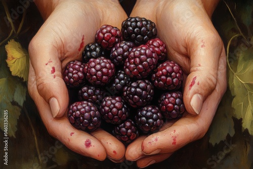 Hands holding fresh blackberries with natural background