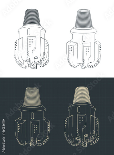 Oil drill bit isometric blueprints illustrations