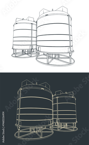 Plastic water tanks on metal basis sketches