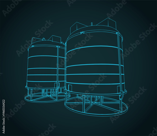 Plastic water tanks on metal basis sketch