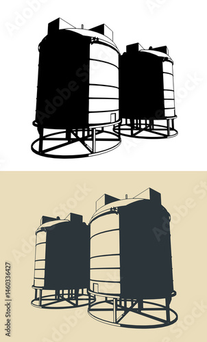 Plastic water tanks on metal basis illustrations