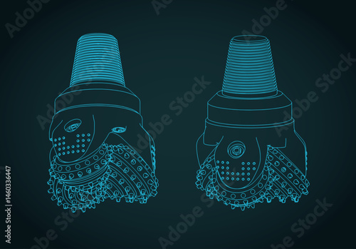 Threecone oil drilling bit isometric blueprints illustration