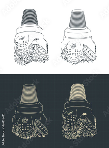Threecone oil drilling bit isometric blueprints