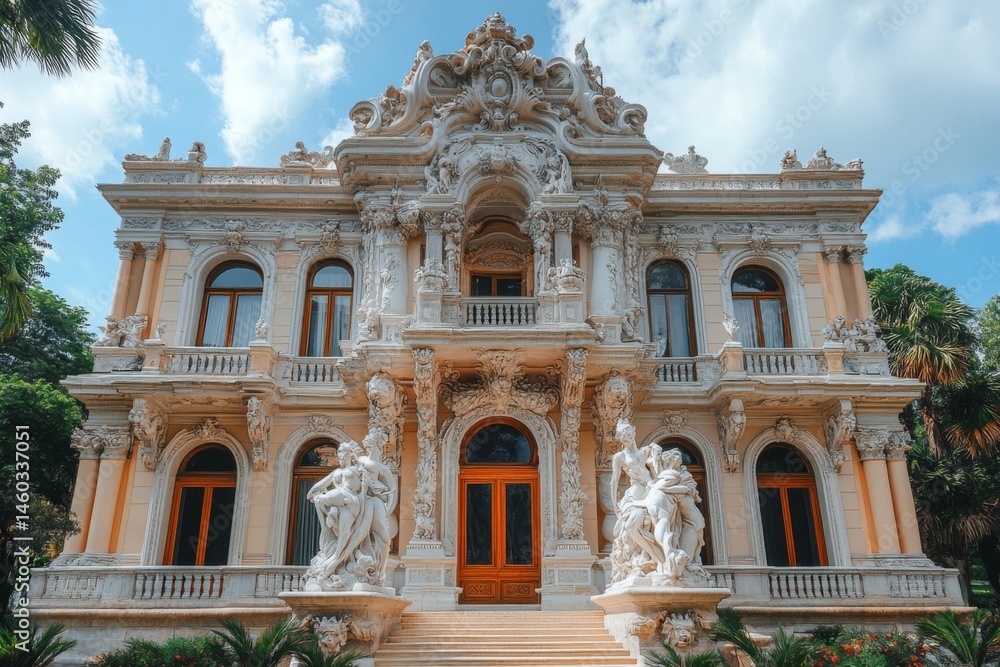 Obraz premium Baroque architectural facade of ornate white building with balconies