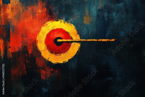 Bright red dart hitting the center of a yellow target on orange background