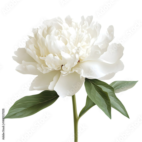 Isolated single white peony flower with green leaves and stem on a black background studio shot real estate business ,technology ,selling ,purchasing ,agreement