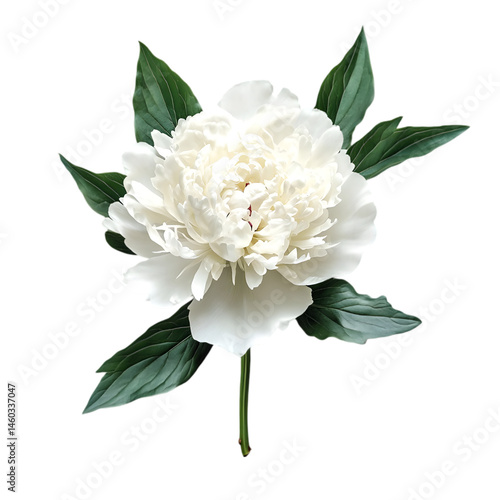 Fototapeta Naklejka Na Ścianę i Meble -  Isolated single white peony flower with green leaves on a black background in a studio shot real estate business ,technology ,selling ,purchasing ,agreement