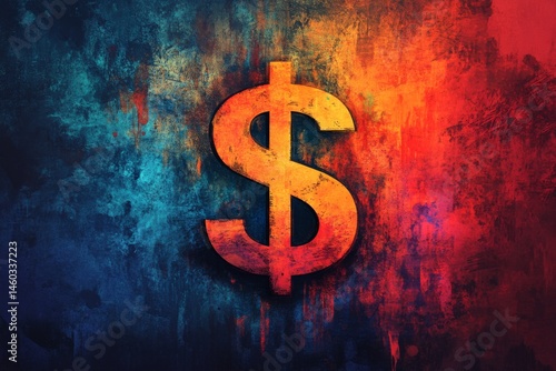 Colorful dollar sign painted on textured abstract background with bright tones