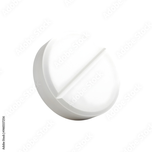 A single white round pill with a score line centered on a black background in a close up view real estate business ,technology ,selling ,purchasing ,agreement