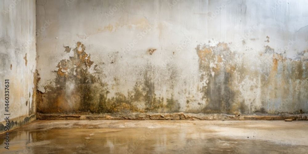 Fototapeta premium A weathered wall corner with damp, distressed concrete and a reflective, wet floor