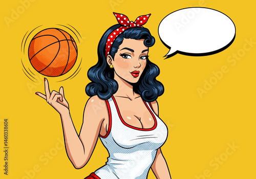 vector pop art flat illustration of a pin-up basketball girl spinning a ball on her finger with a speech bubble. Retro comic style for fun and sporty designs