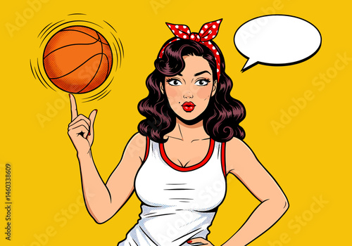 vector pop art flat illustration of a pin-up basketball girl spinning a ball on her finger with a speech bubble. Retro comic style for fun and sporty designs