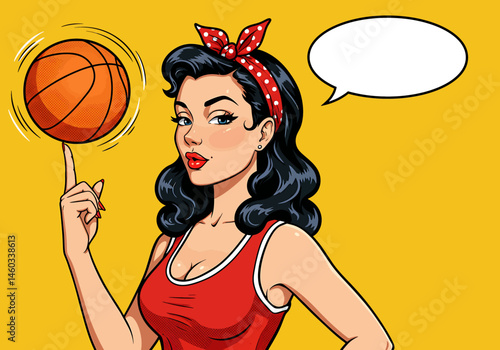vector pop art flat illustration of a pin-up basketball girl spinning a ball on her finger with a speech bubble. Retro comic style for fun and sporty designs