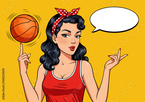 vector pop art flat illustration of a pin-up basketball girl spinning a ball on her finger with a speech bubble. Retro comic style for fun and sporty designs