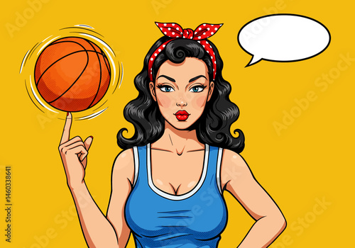 vector pop art flat illustration of a pin-up basketball girl spinning a ball on her finger with a speech bubble. Retro comic style for fun and sporty designs