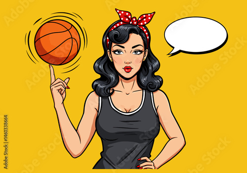vector pop art flat illustration of a pin-up basketball girl spinning a ball on her finger with a speech bubble. Retro comic style for fun and sporty designs