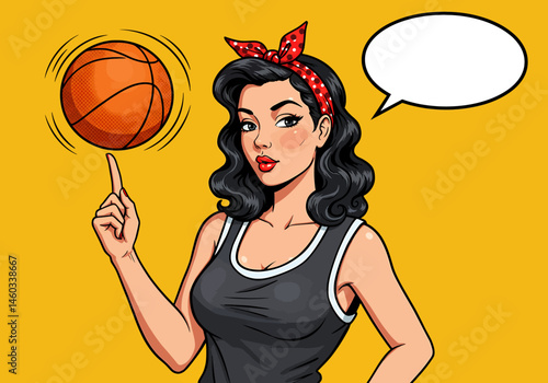 vector pop art flat illustration of a pin-up basketball girl spinning a ball on her finger with a speech bubble. Retro comic style for fun and sporty designs