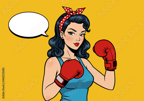 Powerful vector pop art flat illustration of a pin-up boxing girl with gloves and a speech bubble. Retro comic style for strong and determined designs
