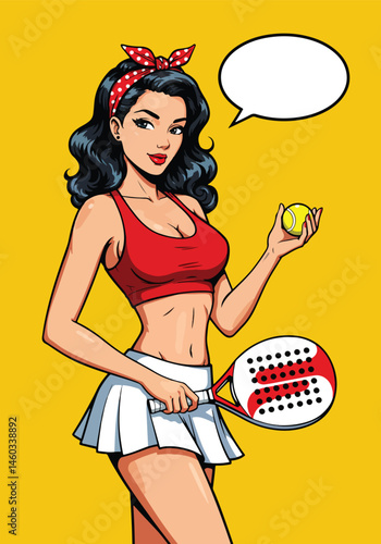 Adobe Illustrator Artwork Dynamic vector pop art flat illustration of a pin-up padel tennis girl with a racket, ball, and speech bubble. Retro comic style for energetic and fun designs