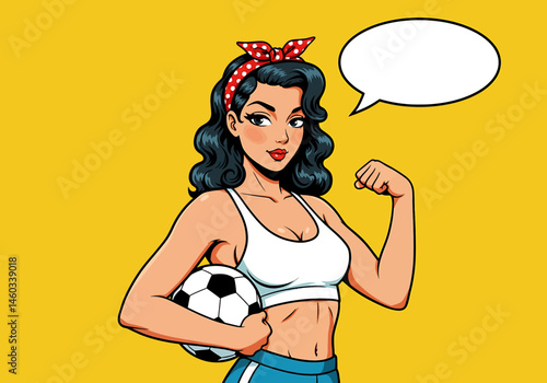 Sporty vector pop art flat illustration of a pin-up soccer girl with a speech bubble. Retro comic style for energetic and fun designs