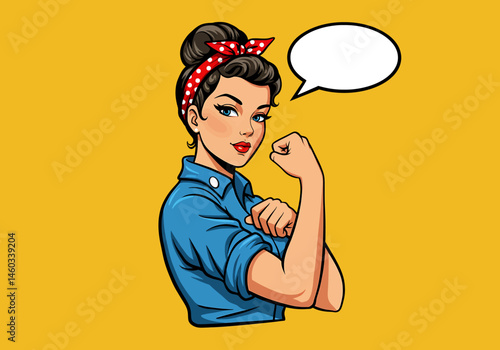 Empowering vector pop art flat illustration of a strong pin-up woman flexing her arm. Retro style with a speech bubble, symbolizing female power and determination. Ideal for feminist designs