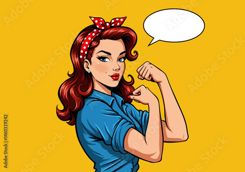 Empowering vector pop art flat illustration of a strong pin-up woman flexing her arm. Retro style with a speech bubble, symbolizing female power and determination. Ideal for feminist designs