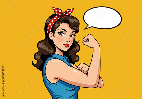 Empowering vector pop art flat illustration of a strong pin-up woman flexing her arm. Retro style with a speech bubble, symbolizing female power and determination. Ideal for feminist designs