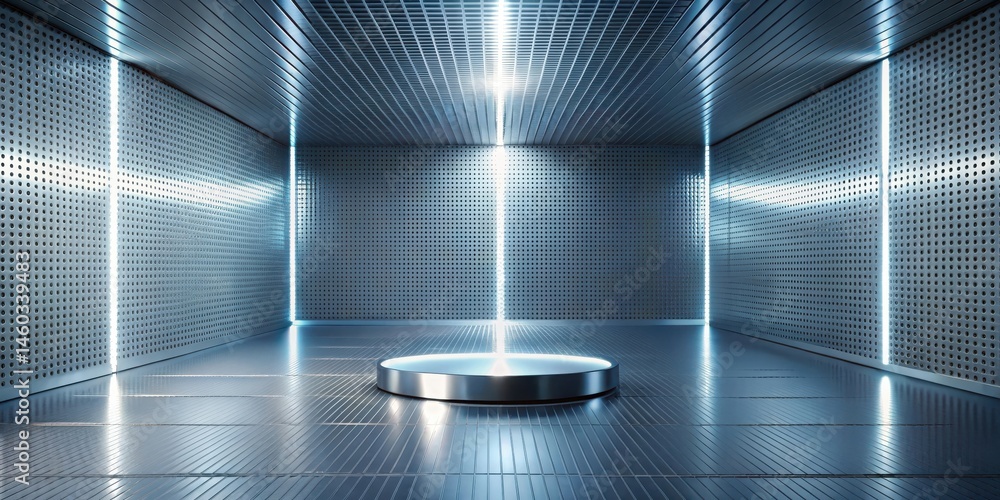 Obraz premium Elevated Circular Platform in a Modern Industrial Setting with Blue Neon Lighting