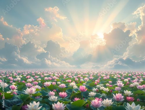 空の光条をバックに広大な薄いピンクの蓮の花畑