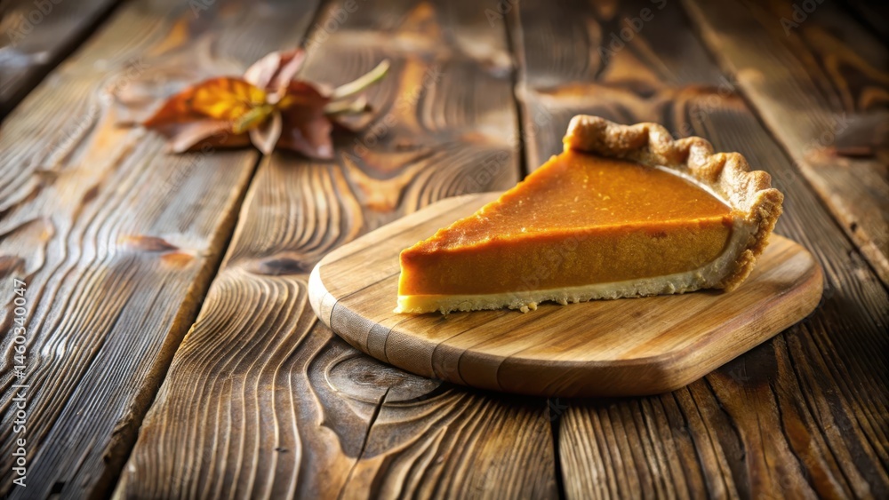 A slice of autumnal spiced pumpkin pie rests on a rustic wooden board, accompanied by a dried leaf, creating a warm and inviting fall scene. A slice of autumnal spiced pumpkin pie rests on a rustic wooden board, accompanied by a dried leaf, creating a warm and inviting fall scene.