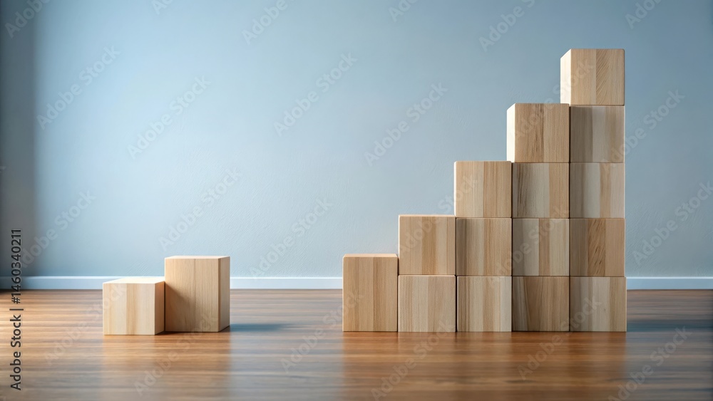 Wooden blocks ascending in a staircase formation against a light blue wall, symbolizing growth and achievement Wooden blocks ascending in a staircase formation against a light blue wall, symbolizing growth and achievement