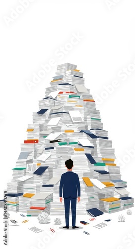 Overwhelmed Businessman Faced with a Mountain of Paperwork