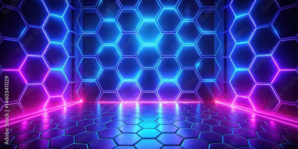 Futuristic Hexagon Room with Vibrant Neon Lighting and Reflective Floor Futuristic Hexagon Room with Vibrant Neon Lighting and Reflective Floor