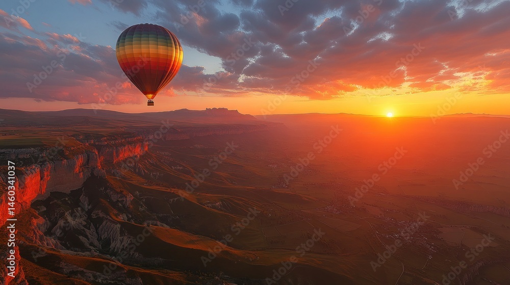 Fototapeta premium Hot air balloon soars above dramatic mountain range at sunset. Vast landscape unfolds below, painted with fiery hues